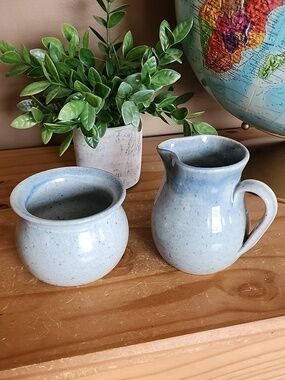 Handcrafted Light Blue Ceramic Creamer and Sugar Bowl - Set of 2